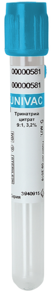 Вакуумные пробирки UNIVAC®, 5,4 мл, 13х100 мм, цитрат натрия 3,2% (9:1)