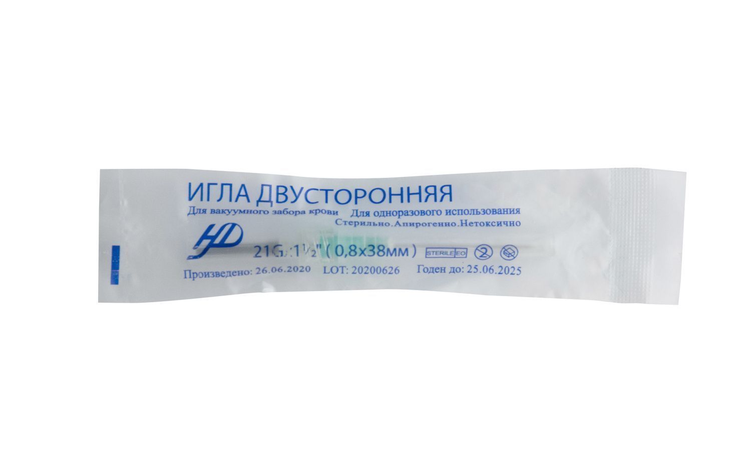 Игла двусторонняя для вакуумного забора крови 21Gх1 1/2 с прозрачной канюлей